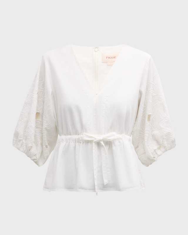 Joyce Floral Embroidered Short-Sleeve Waist-Tie Peplum Top